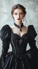 Elegant Woman in Black Victorian Dress