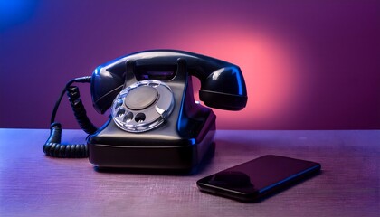 Closeup of an old-fashioned vintage black telephone and a modern mobile phone on the table. Concept of old and new technology in telecommunications. Generative Ai