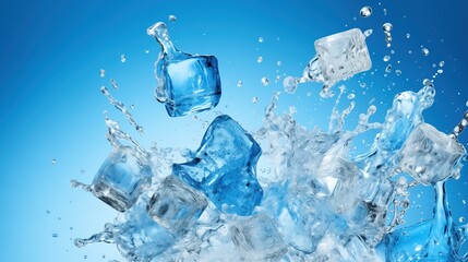 Close-Up of Splashing Ice Cubes in Crystal Clear Water Against a Blue Background