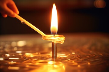 Close up of hand lighting candle with lit wick.