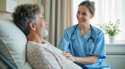 Fototapeta premium Cheerful Nurse Providing Comfort to a Patient in a Bright Hospital Room