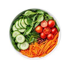 Fresh salad bowl with spinach, cucumbers, cherry tomatoes, and carrots, showcasing vibrant colors and healthy ingredients for nutritious meal isolated on transparent background