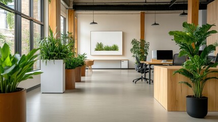 Modern office interior featuring lush greenery and natural light, promoting a productive and refreshing workspace environment.
