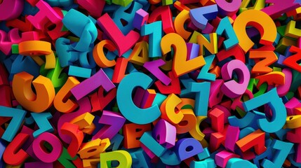 Colorful letters and numbers scattered, ideal for educational purposes.