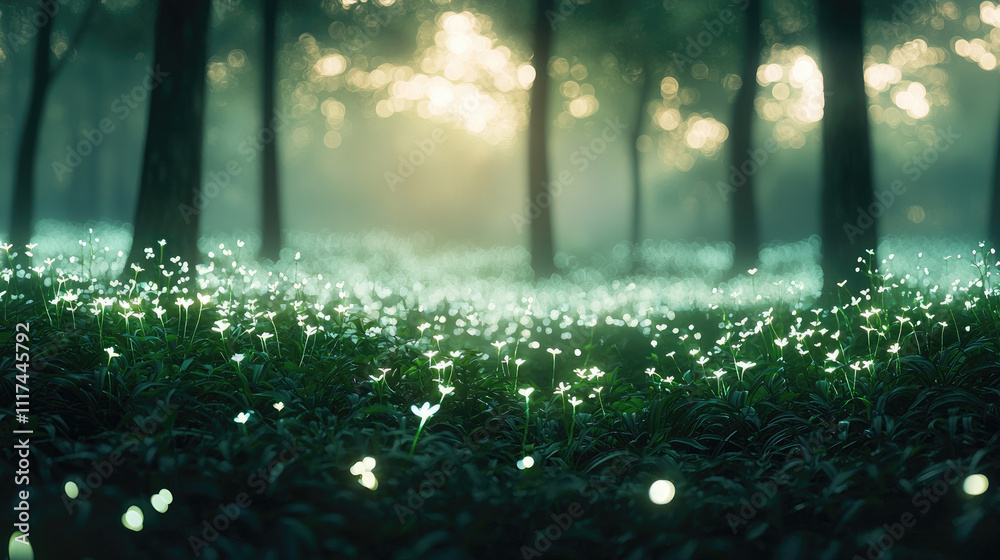 Aufkleber a tranquil forest scene with glowing flowers and soft sunlight filtering through trees.