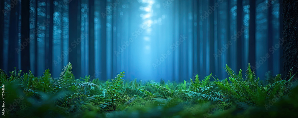 Poster A tranquil forest scene with lush ferns and soft light filtering through trees.