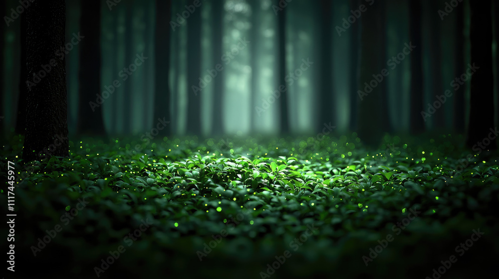 Poster a tranquil forest scene with lush greenery and soft lighting, inviting serenity and peace.