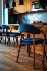 Blue chair sits in front of a wooden table with a microwave and a sink. The chair is the only one in the room, and it is positioned in front of the table. The table has a bowl of fruit on it