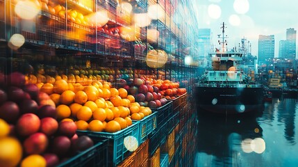 Naklejka premium Shipping fresh citrus fruits harbor industry urban aerial view