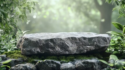 Obraz premium Natural background mockup with a rock platform and forest foliage, suitable for cosmetic product presentations. product mockup. 
