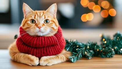 pet in christmas cloth. An adorable orange cat in a cozy red scarf sits on a table, surrounded by festive decorations, evoking a warm holiday atmosphere.