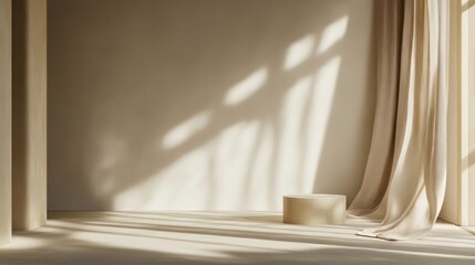 Obraz premium Neutral modern empty room with sunlight shadow white blank wall background beige linen curtain stone floor or tabletop aesthetic minimalist interior design template.