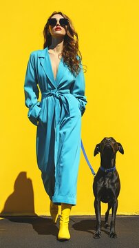 A white female fashion model in her 20s is walking with a dog on a blue leash on her right. Fashion and magazine photography