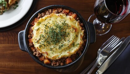 A hearty serving of comfort food features shepherd's pie with ground meat and vegetables topped with a crispy potato crust.