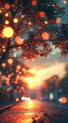 Enchanting illuminated trees with twinkling lights lining a serene snow dusted path amidst a magical blurred night landscape  The captivating bokeh and glowing atmosphere create a cozy