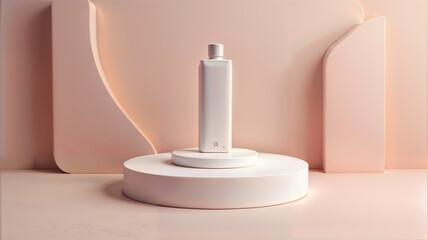 Elegant minimalistic skincare product displayed on a round pedestal in a softly lit setting with pastel colors