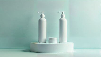 Minimalist display of skincare products on a circular pedestal in a serene setting