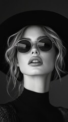 Black and white fashion portrait. professional photograph for magazine. A beautiful woman model with sunglasses posing in a studio photography © Jasper