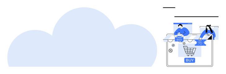 Cloud in background, two users explore cashback offers and discounts on an online shopping site. Ideal for e-commerce, cloud computing, digital transactions, online shopping, discounts, customer