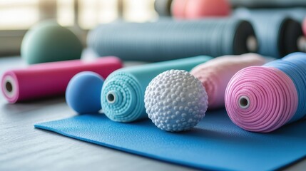 Massage Tools for Relaxation and Recovery: A close-up of colorful massage balls and rollers, ready for a soothing self-care session.  