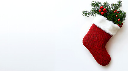 Red Christmas stocking with white trim, adorned with green fir branches and red berries on a white background.