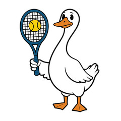 Playful Goose Holding Tennis Racket with Ball Illustration