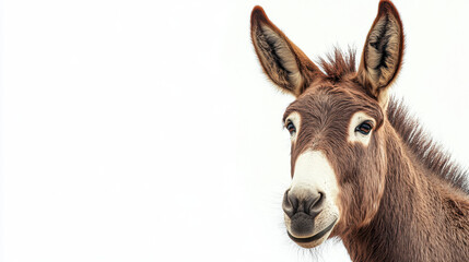 Obraz premium A curious donkey with large ears looks toward the camera against a white background, showcasing its brown fur and expressive eyes.
