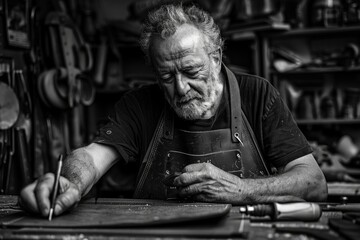 An experienced craftsman, likely a master woodworker or carpenter, is in his shop, engrossed in shaping and refining wood with precision tools.