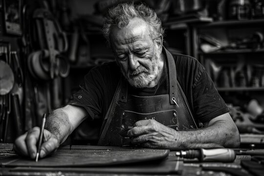 An experienced craftsman, likely a master woodworker or carpenter, is in his shop, engrossed in shaping and refining wood with precision tools.