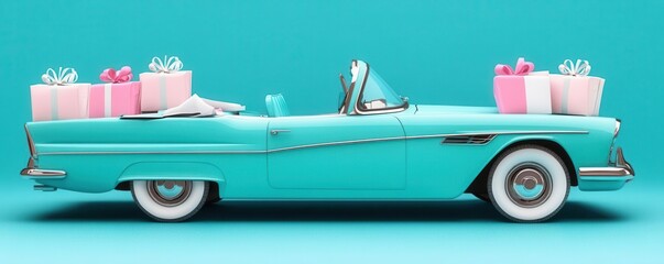 Obraz premium Picture retro car with gift bags