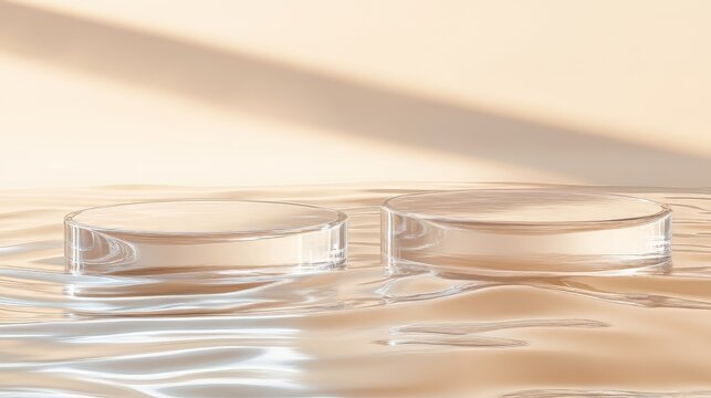 Two empty clear glass circle podiums on beige transparent calm water texture with waves in sunlight abstract nature background for product presentation flat lay cosmetic mockup copy sp