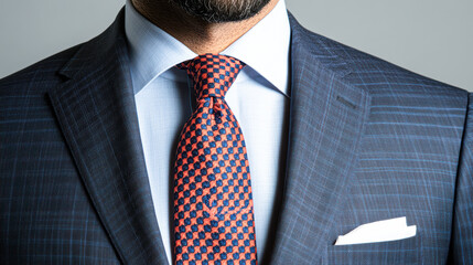 A man wearing a blue suit and a red tie