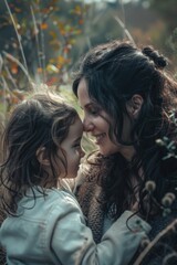 Fototapeta premium A tender and loving interaction between a mother and daughter set against the backdrop of a natural setting, highlighting their close relationship.