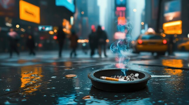 A busy cityscape with a cigarette smoldering in a public ashtray on the sidewalk