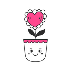 Heart shaped Flower in Pot Doodle. Hand drawn potted houseplant with cute smiling face love symbol petals leaf. Valentines day vector illustration