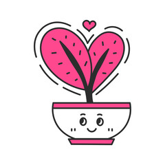Love Plant in Pot with Heart shaped Leaf. Hand drawn smiling potted houseplant with cute cartoon face. Romantic pink Valentines day flower character