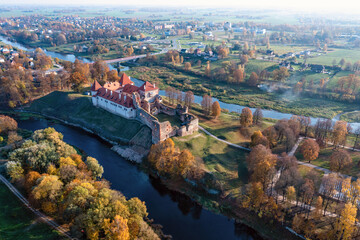 Medieval castle from above, Bauska town aerial panorama with medieval castle