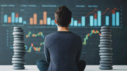 A man sits in front of a large chart with many numbers and graphs