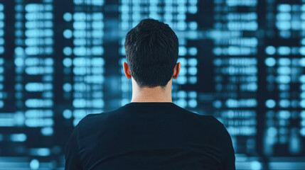 A man is looking at a computer screen with a city view in the background