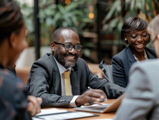 Fototapeta premium Smiling man in suit and tie, sitting at table with colleagues in business setting.