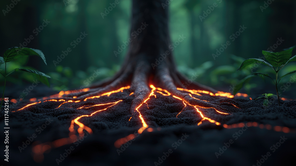 Poster a vibrant tree root system glowing with lava amidst lush greenery in a mystical forest.