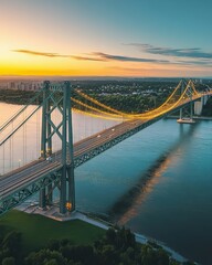 A stunning view of a bridge at sunset over a calm river.