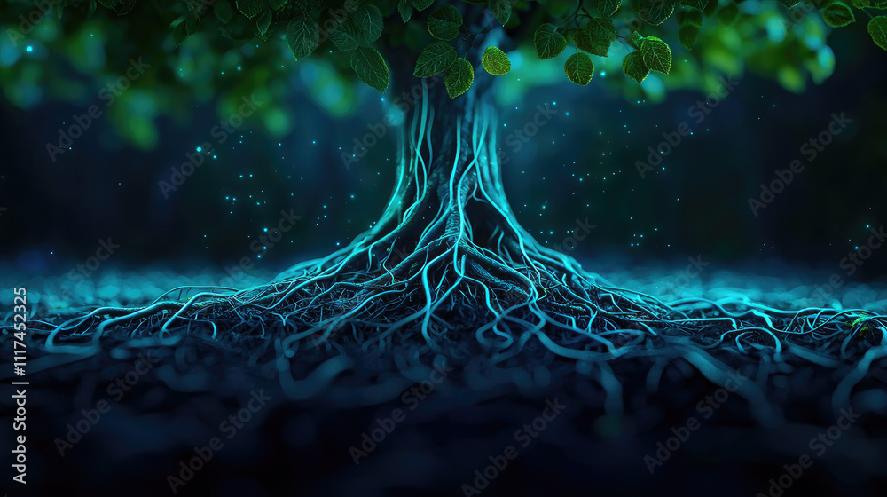 Poster a vibrant tree root system intricately woven into dark soil, illuminated by soft blue light.