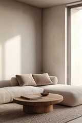 A minimalist living room with a cozy sofa and wooden coffee table.