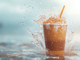 A refreshing, cold coffee drink splashes water as it's being poured, creating a frothy white head and an invigorating summer sensation.