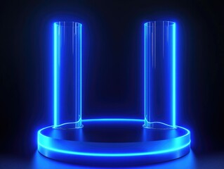 Blue neon lights forming a circular pattern, possibly on the side of a building or as decorative interior lighting.