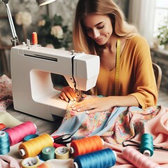 73 Sewing A person s sewing fabric on a sewing machine creating