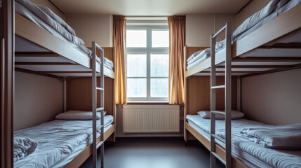 A clean and tidy hostel room with four neatly made bunk beds and sunlight streaming through a window with orange curtains, creating a warm atmosphere.