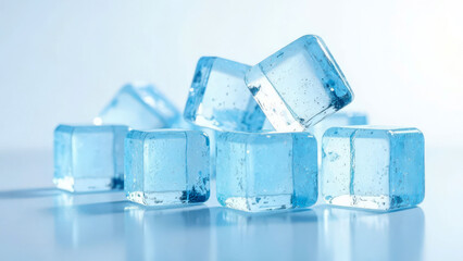 Clear blue ice cubes on reflective surface with soft light