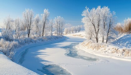 Fototapeta premium A serene winter landscape with a frozen river and frosted trees under a clear blue sky.